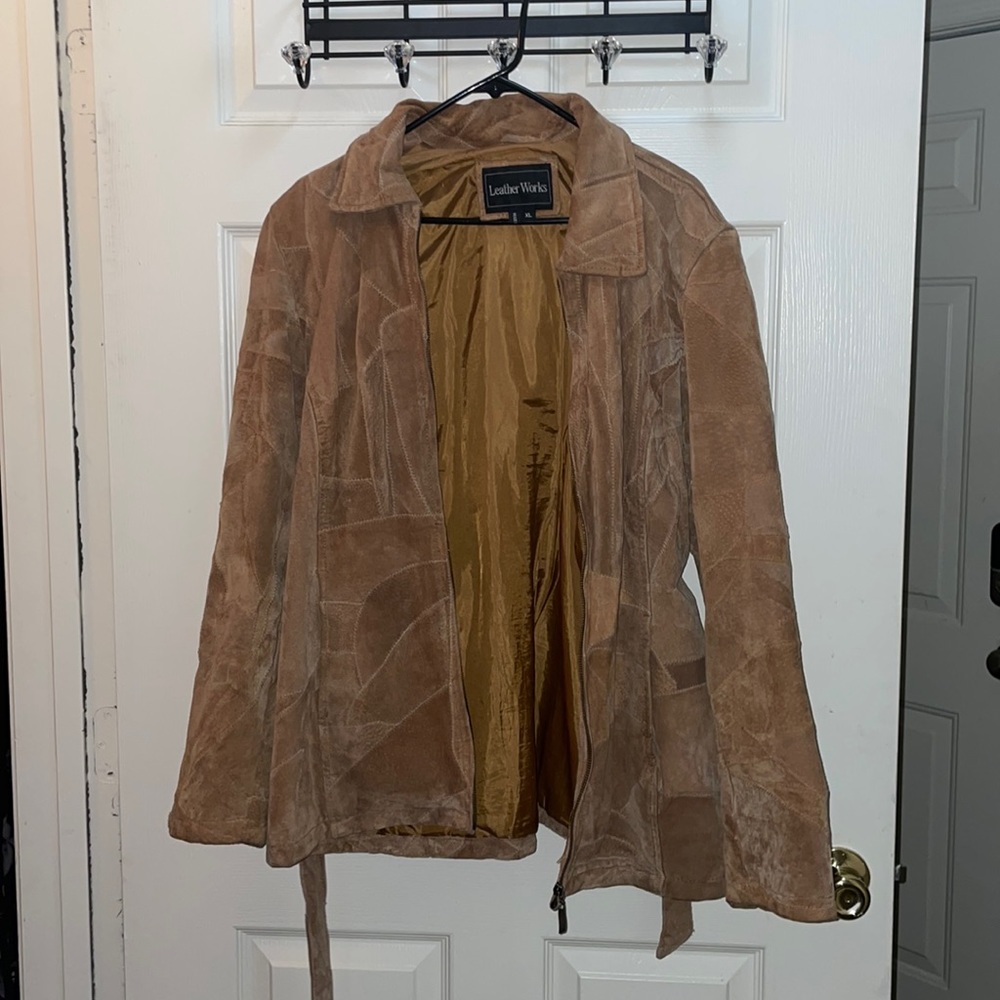 Vintage “Leather Works” Tan Wrap Belt Full Zip Leather Jacket